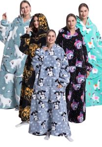 Extra lange draagbare deken met capuchon & mouwen - animalprint-hondjes