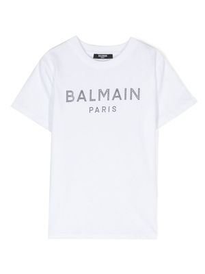 Balmain Kids t-shirt en coton à logo strassé - Blanc