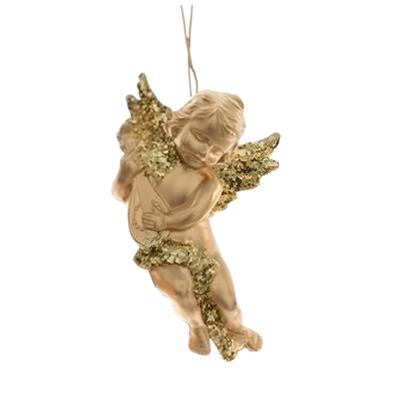 Decoris engel met lute - goud - kunststof - 10 x 6 cm - kerstversiering - hangdecoratie
