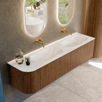 Mondiaz KURVE-DLUX 175 cm Onderkast Greeploos 2 Lades Met Deuren Walnut, Wastafel Solid Surface Rechts Ostra 0 Kraangaten Zonder Spiegel (KRVSTS175L2L1D0KD-Wal/Ost)