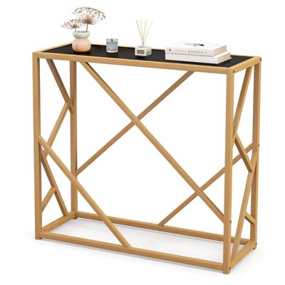 Entree Tafel met 80 cm Blad van Gehard Glas Smalle Consoletafel met Verguld Onderstel Lange Moderne Bijzettafel met Stevig Metalen Onderstel