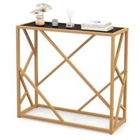 Entree Tafel met 80 cm Blad van Gehard Glas Smalle Consoletafel met Verguld Onderstel Lange Moderne Bijzettafel met Stevig Metalen Onderstel