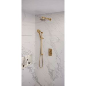 Regendoucheset Inbouw Brauer Gold Edition Thermostatisch 20 cm met 3-Weg Omstelling, Wandarm, Glijstang en Handdouche 3-Standen Geborsteld Goud Brauer