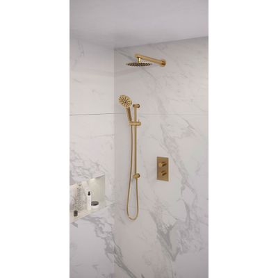 Regendoucheset Inbouw Brauer Gold Edition Thermostatisch 20 cm met 3-Weg Omstelling, Wandarm, Glijstang en Handdouche 3-Standen Geborsteld Goud Brauer