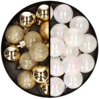 36x stuks kunststof kerstballen goud en parelmoer wit 3 en 4 cm - thumbnail