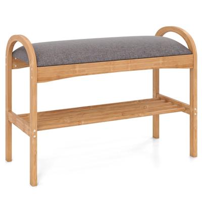 Schoenenbank van Bamboe Schoenenrek met 2 Treden Bekleed Zitkussen en Plank Compacte Zitbank 70 x 31,5 x 51 cm