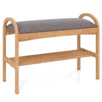 Schoenenbank van Bamboe Schoenenrek met 2 Treden Bekleed Zitkussen en Plank Compacte Zitbank 70 x 31,5 x 51 cm