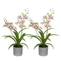 Orchidee bloemen kunstplant in bloempot - 2x - creme/lila bloemen - H38 cm