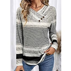 Dames T-shirt Gestreept Grijs Afdrukken nappi Lange mouw Dagelijks Weekend Modieus V-hals Normale pasvorm Lente Herfst Lightinthebox
