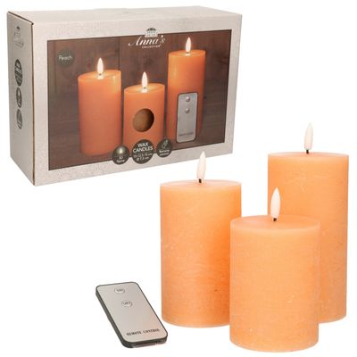 LED Stompkaarsen met afstandsbediening - 9x - perzik oranje - 10/12.5/15 cm
