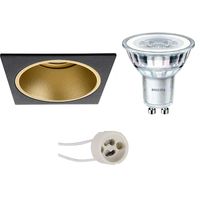 LED Spot Set - Pragmi Minko Pro - GU10 Fitting - Inbouw Vierkant - Mat Zwart/Goud - Verdiept - 90mm - Philips - CorePro 830 36D - 4W - Warm Wit 3000K - Dimbaar