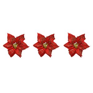 6x stuks decoratie bloemen kerstster rood glitter op clip 20 cm