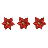 6x stuks decoratie bloemen kerstster rood glitter op clip 20 cm