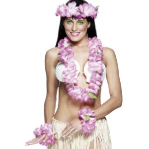 Hawaii kransen verkleed set deluxe - roze - Hula meisje - bloemenkransen