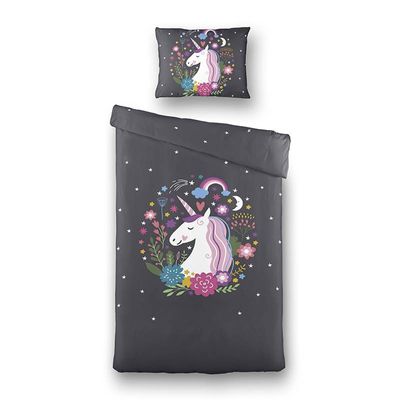 Kinderdekbedovertrek Happy Unicorn - 140x200 cm / Antraciet - Dessin: Dieren - Fresh and Co - Dekbed-Discounter.nl