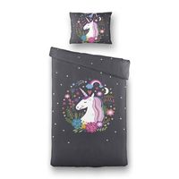 Kinderdekbedovertrek Happy Unicorn - 140x200 cm / Antraciet - Dessin: Dieren - Fresh and Co - Dekbed-Discounter.nl