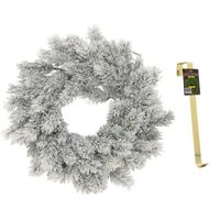 Kunst kerstkrans groen/sneeuw 35 cm met gouden hanger - thumbnail