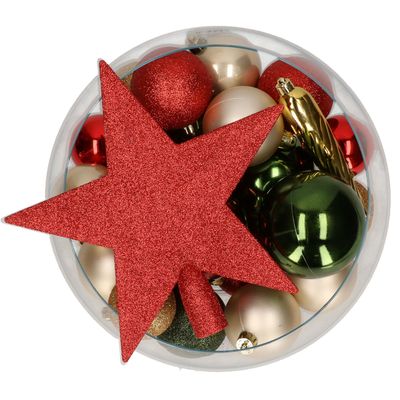 Set 33x stuks kunststof kerstballen met ster piek rood/champagne/groen