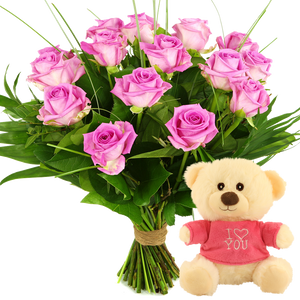 Boeket roze rozen + kleine I love you knuffel met roze shirt