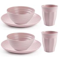 Camping Servies set - kunststof - roze - 4x borden/4x drinkbekers/4x kommetjes - thumbnail