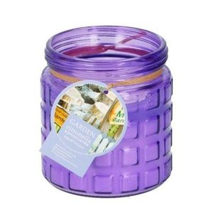 Citronella kaars - in glazen pot - 12 cm - paars - buiten