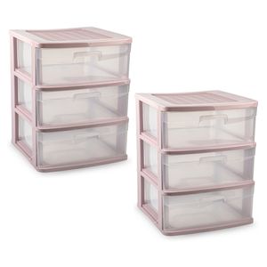 Ladeblokje/bureau organizer - 2x - 3 lades - transparant/roze - L39 x B40 x H49 cm - plastic