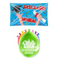 Geslaagd thema party versiering set Hoera - Grote vlag en 16x ballonnen - thumbnail