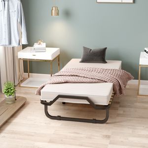 Opklapbed met Luxe Matras Inklapbaar Eenpersoonsbed Stabiel Metalen bed Tot 120 kg Belastbaar 200 x 90 x 41 cm Beige + Zwart