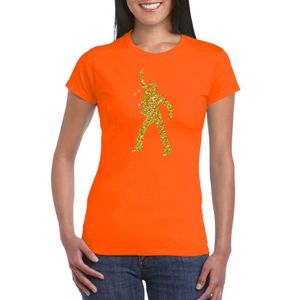 Disco verkleed t-shirt voor dames - oranje - gouden glitter - jaren 70/80