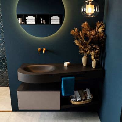 MONDIAZ RIVA 120cm badmeubel onderkast / planchet kleur Smoke met 1 lade. Wastafel DULCET links 0 kraangaten kleur Urban. MONDIAZ RIVA 120cm badmeubel onderkast / planchet kleur Smoke met 1 lade. Wastafel DULCET links 0 kraangaten kleur Urban.