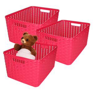 Opbergmand - 3x - Kastmand - rotan kunststof - fuchsia roze - 18 Liter - 29 x 39 x 20 cm