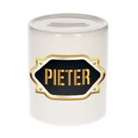 Spaarpot met voornaam Pieter - wit - goud/zwart embleem - 8 x 9 cm - keramiek - afsluitdop