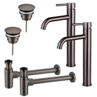 Fortifura Calvi Wastafelkraanset - voor dubbele wastafel - verhoogde wastafelkraan - always open plug - design sifon - Geborsteld Gunmetal PVD 2x SW766541/2x SW769487/2x SW767297