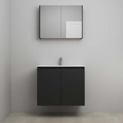 On-Line Badkamermeubelset - 80 cm - Bouwpakket - Greeploos 2 Deuren - Porseleinen Wastafel - 1 Kraangat - Spiegelkast - Mat Zwart