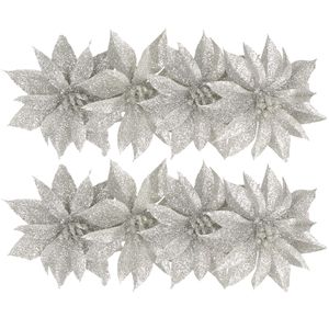 8x stuks glitter decoratie bloemen op clip zilver 9.5 cm