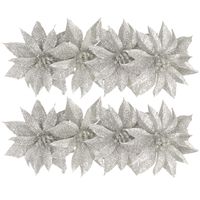 8x stuks glitter decoratie bloemen op clip zilver 9.5 cm