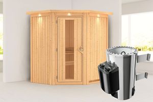 Karibu | Tonja Sauna met Dakkraag | Energiesparende Deur | Kachel 3,6 kW Geïntegreerde Bediening