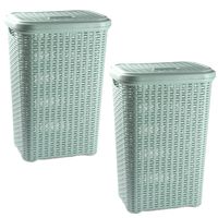 2x stuks grote rotan wasmand met deksel van 60 liter in het lichtgroen - thumbnail