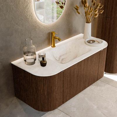 Badmeubel Mondiaz Kurve-Dlux | 110 cm | Meubelkleur Walnut | Wastafelkleur Frappe | Solid surface | Midden spoelbak | 1 kraangat