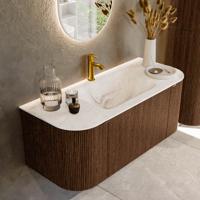Badmeubel Mondiaz Kurve-Dlux | 110 cm | Meubelkleur Walnut | Wastafelkleur Frappe | Solid surface | Midden spoelbak | 1 kraangat