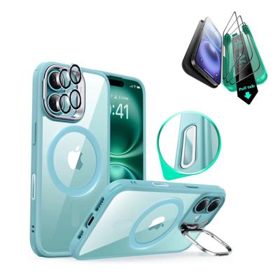 iPhone 16 Classic Hybrid Magnetic Case Protection Bundle (Camera Control, Stash Stand) - Clear Green