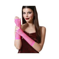 Carnaval verkleed handschoenen - visnet stof - fuchsia roze - vingerloos - dames - elastiek - thumbnail