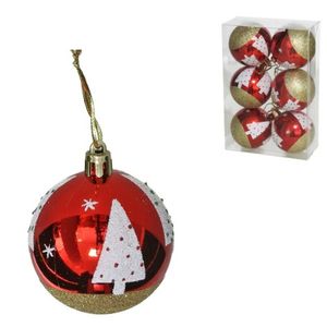 Gedecoreerde kerstballen - 6x st - 6 cm - kunststof - rood met kerstboom