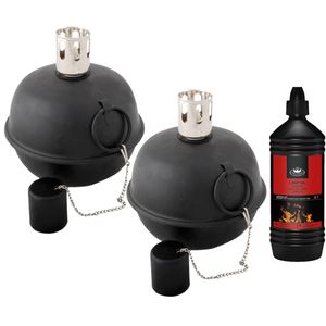 Set van 2x stuks tuimeltoorts/olielamp zwart met heldere lampenolie/fakkelolie - Fakkels