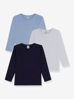 Set van 3 effen katoenen PETIT BATEAU t-shirts met lange mouwen voor kinderen blauw