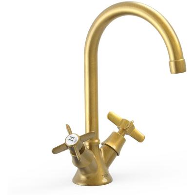 Wastafelkraan Tres Clasic | Opbouw | Draaibare uitloop | Mengkraan | Hoog model | 2-knops | Vintage | Messing oud