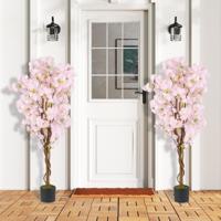 150 cm Set van 2 Kunstboom met Bloemen Kunstplant in Pot Kunstmatige Kersenbloesemboom Bloemenboom Kersenboom Sakura Roze