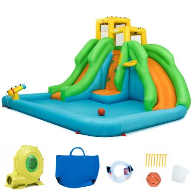 Springkasteel met Ventilator Waterpark met Twee Glijbanen Klimwand Basketbalmand Kinderbadje en Waterkanon 400 x 361 x 255 cm