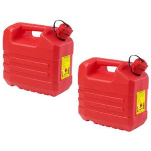 2x stuks kunststof jerrycans 10 liter rood geschikt voor gevaarlijke vloeistoffen L32 x B18 x H30 cm