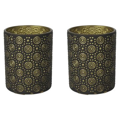 2x stuks luxe theelichthouder/kaarsenhouder - zwart/goud - glas - D8 x H10 cm